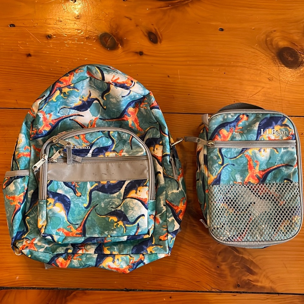 LL Bean kids dinosaur backpack and lunch bag